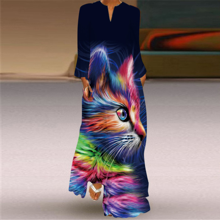 Vintage Print Fashion V Neck Long Sleeve Pocket Party Maxi Dress