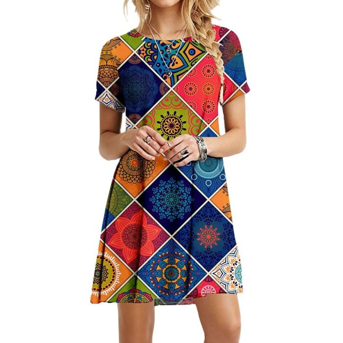 Fashion Printed O-Neck Bohemian Sweet Casual Ruffle Dress