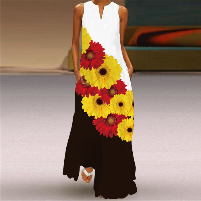 Fashion Long Printed Sleeveless Elegant V Neck Casual Wedding Guest Dresses