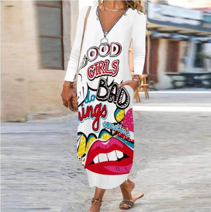 Sexy Boho Print Zipper Long Sleeve Loose Pocke Maxi Dress