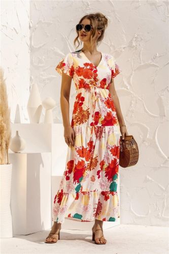 Women's Bohemian V Neck Print Tie Fashion Ruffled  Wedding Guest Dresses