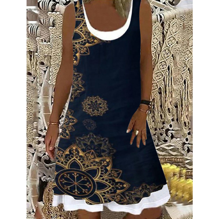 Butterfly Print Sleeveless Fake Two-piece Loose Casual Dress