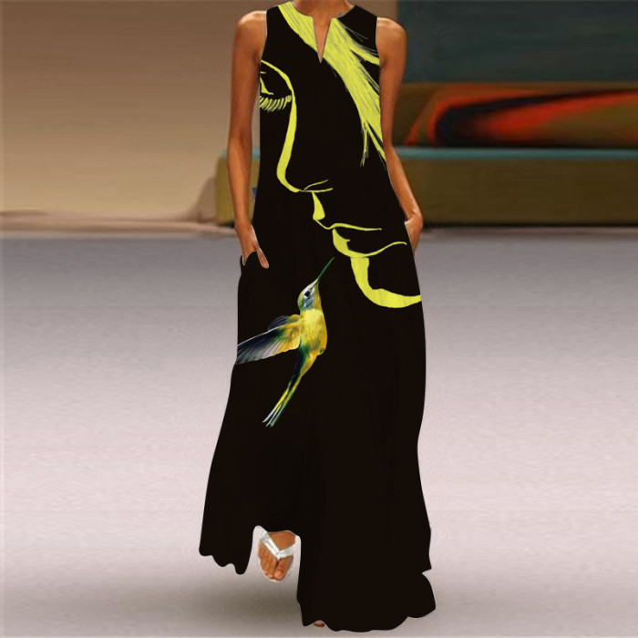 Ladies Casual Printed V Neck Holiday Beach Party Sleeveless A-Line Maxi Dress