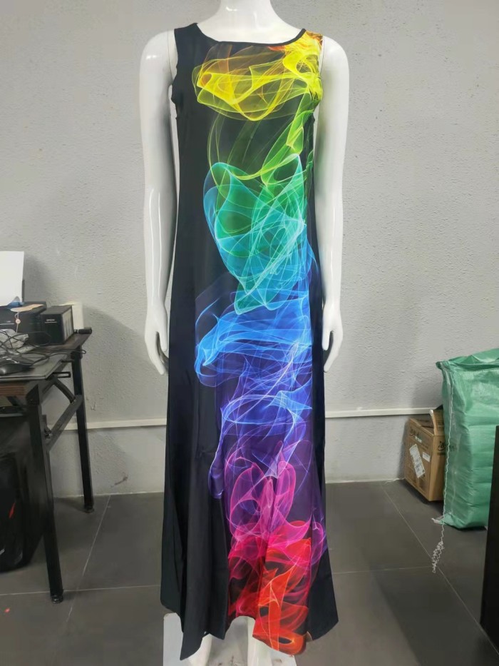 Fashion Print Retro Bohemian Sleeveless Loose Casual  Maxi Dress
