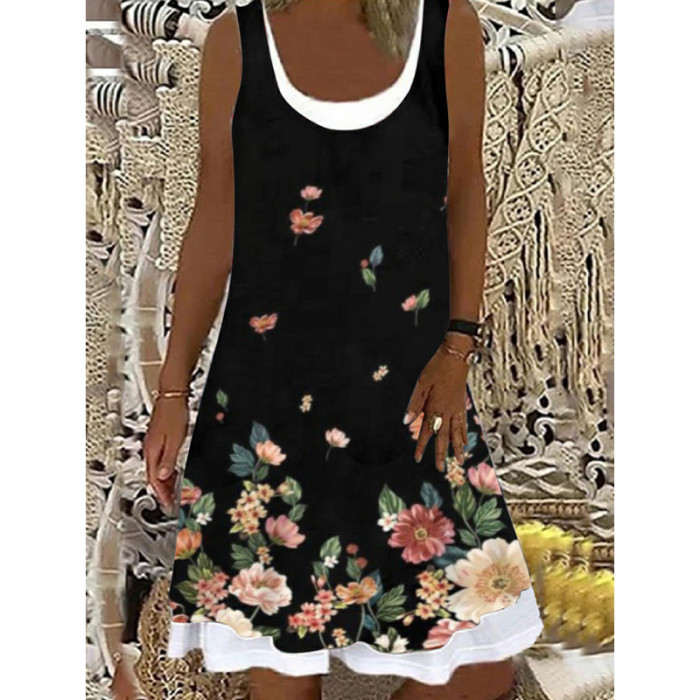 Fashion Butterfly Print Fake Two Piece Tank Top Bohemian Casual Dress