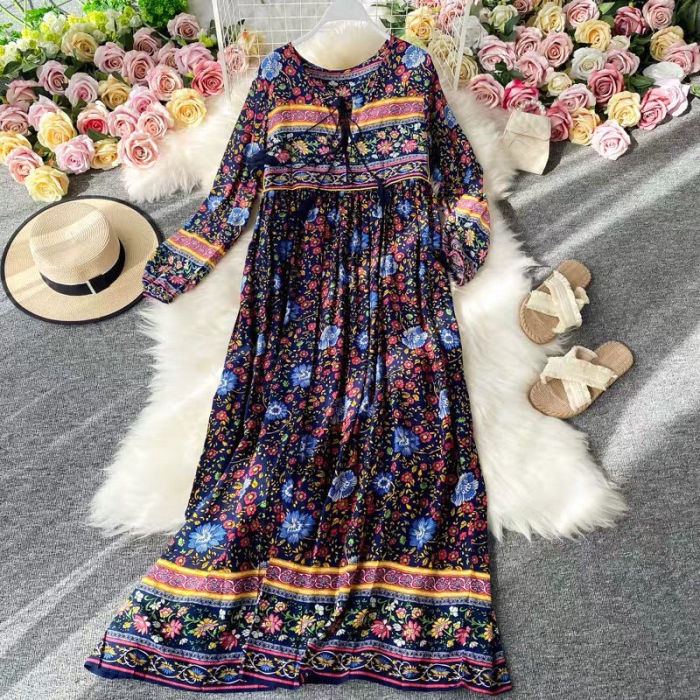 Trendy Long Sleeve Boho Vintage Elegant Printed O-Ring Fringe  Maxi Dress