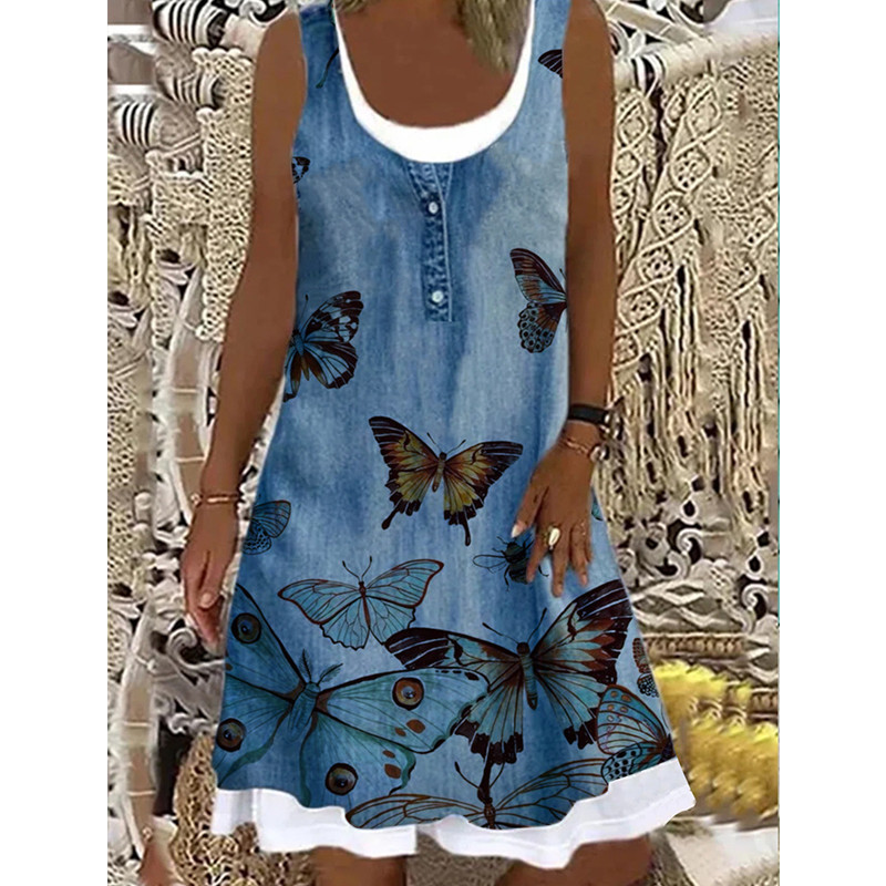 Fashion Butterfly Print Fake Two Piece Tank Top Bohemian Casual Dress