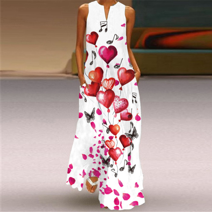 Fashion Long Printed Sleeveless Elegant V Neck Casual Wedding Guest Dresses