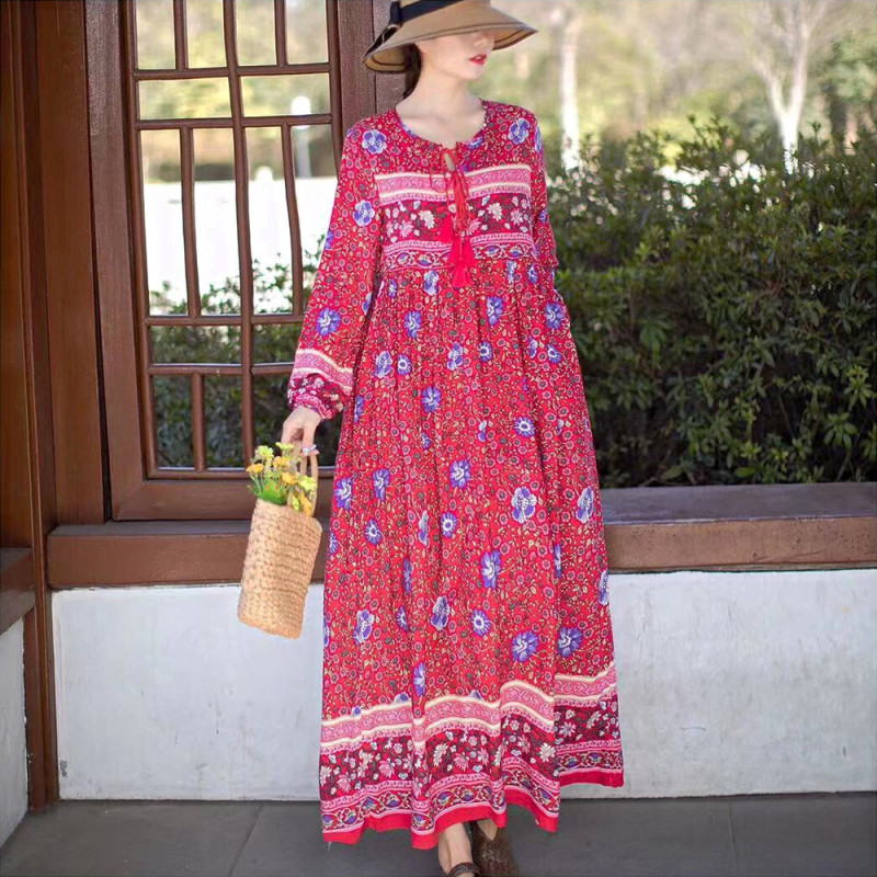 Trendy Long Sleeve Boho Vintage Elegant Printed O-Ring Fringe  Maxi Dress