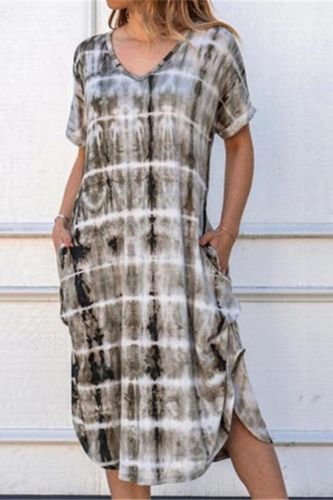 Fashion Casual Print V Neck Gradient Pocket Side Slit Maxi Dress
