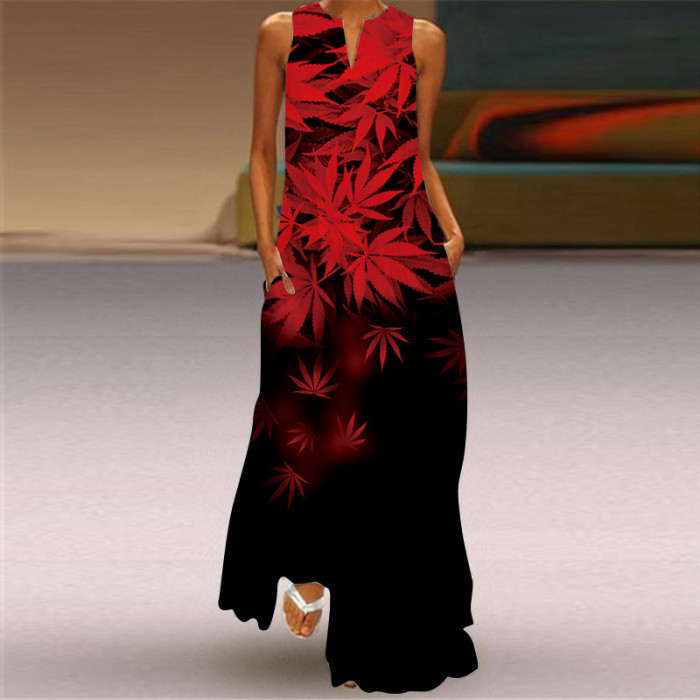 Ladies Casual Printed V Neck Holiday Beach Party Sleeveless A-Line Maxi Dress