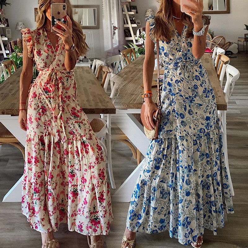 Fashion Print Casual V Neck High Waist Bohemian Ruffle Party Wedding Guest Dresses