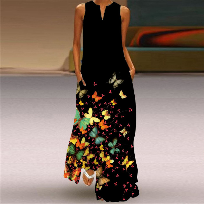 Fashion Long Printed Sleeveless Elegant V Neck Casual Wedding Guest Dresses