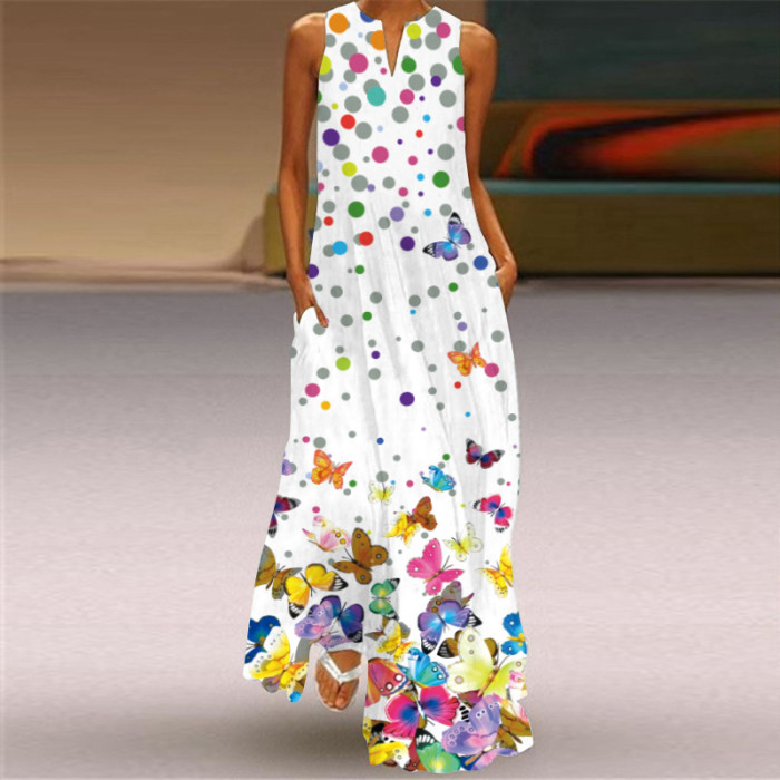 Fashion Long Printed Sleeveless Elegant V Neck Casual Wedding Guest Dresses
