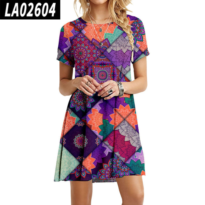 Fashion Printed O-Neck Bohemian Sweet Casual Ruffle Dress