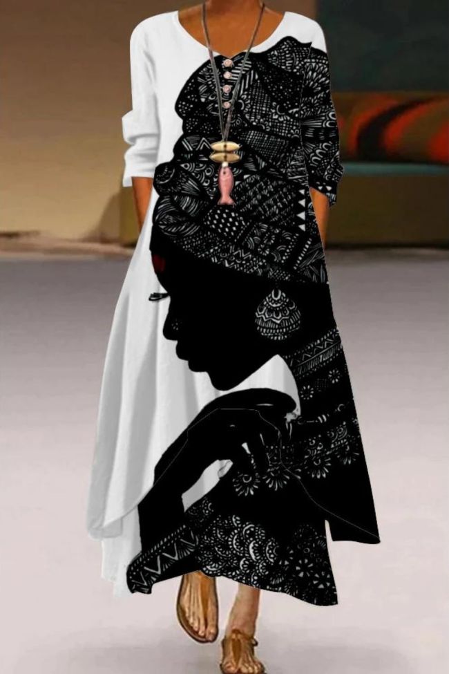 Vintage Art Print Ruffle Elegant Long Sleeve Fashion Loose V Neck  Wedding Guest Dresses