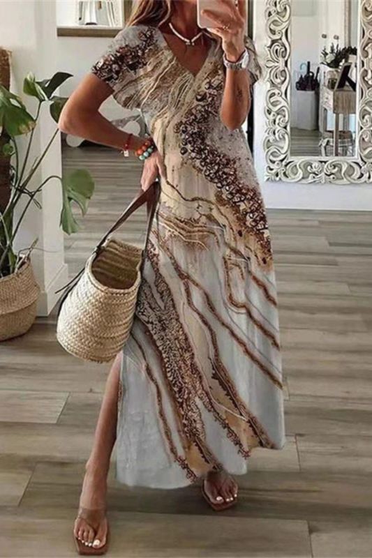 Vintage Print Elegant V Neck Loose Slit Casual Party Boho  Maxi Dress