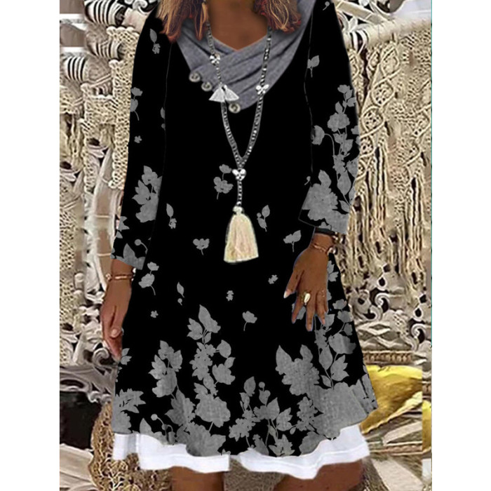 Trendy Bohemian Geometric Print Long Sleeves False Two Piece Casual Dress