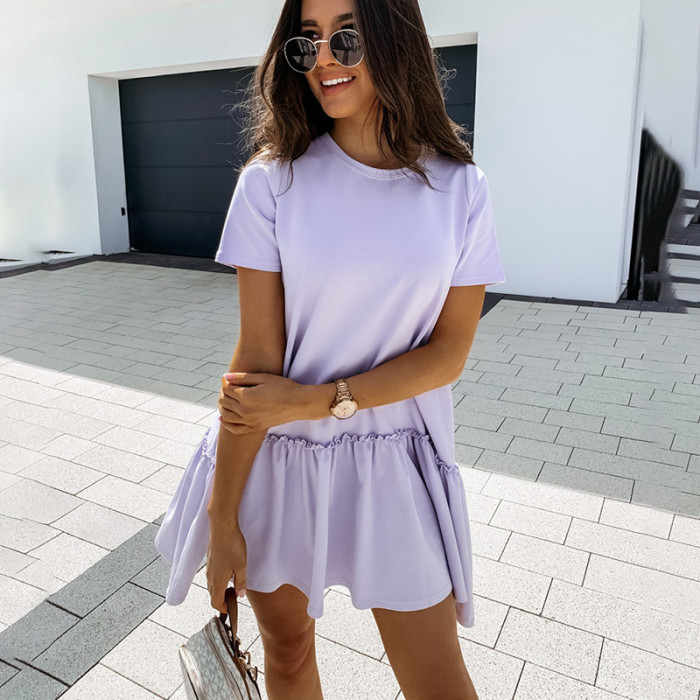 Loose Short Sleeve Mini O-Neck Ruffle A-Line  Casual Dress