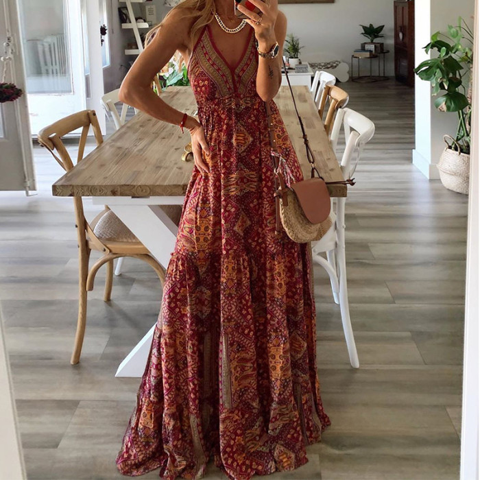 Sexy Women V Neck Party Vintage Print Boho Elegant Fashion Wedding Guest Dresses