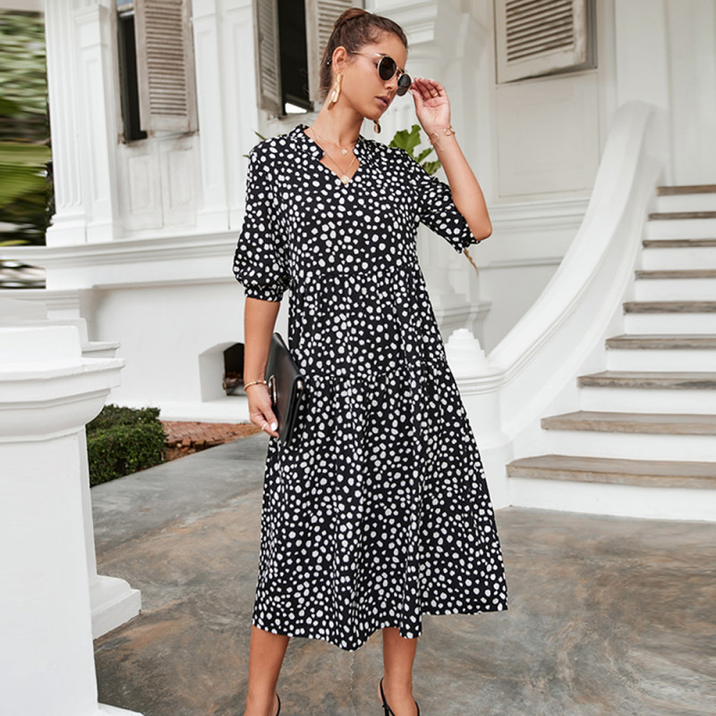 Polka-Dot V-Neck Loose Elegant High-Rise A-Line Ruffle Midi Dress