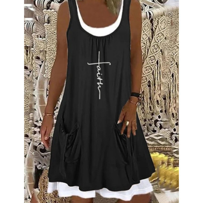 Fashion Print Sleeveless Loose Casual Bohemian Pocket Dress