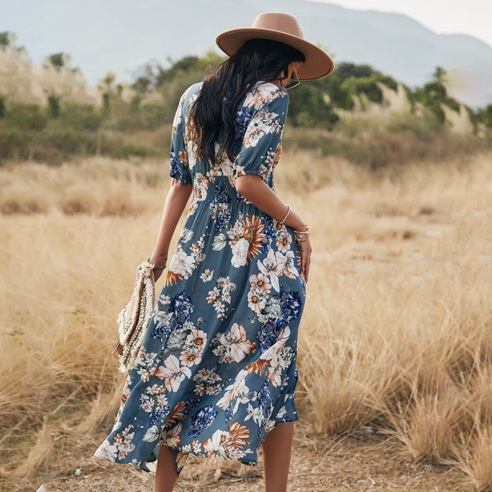 Sexy Floral Print V Neck Button Fitted Fringe Boho Wedding Guest Dresses