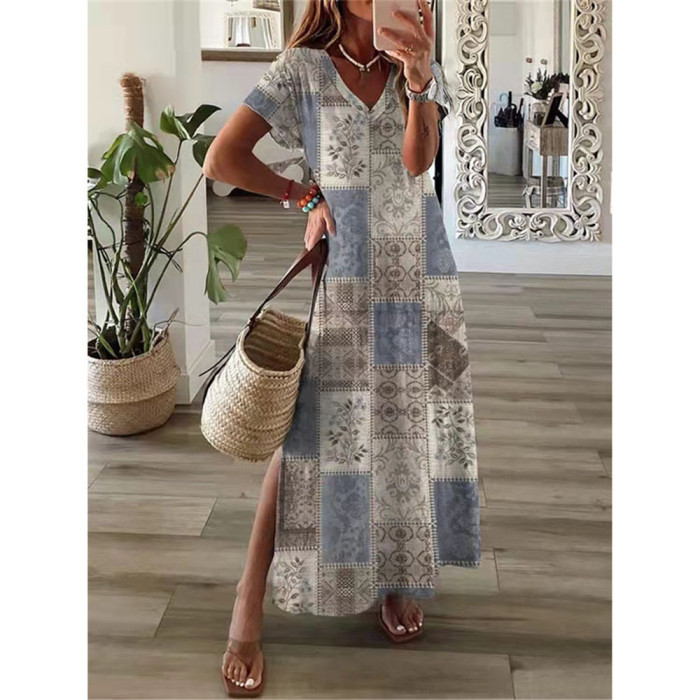 Fashion Floral Short Sleeve Elegant Party Loose Casual Maxi Dresses