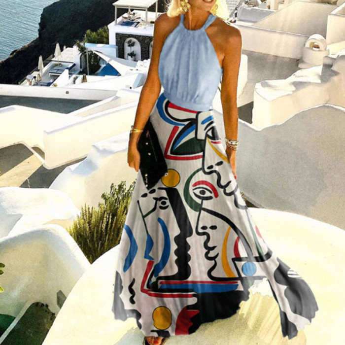 Vintage Print Loose Sexy Backless O-Neck Bohemian Fashion Elegant Wedding Guest Dresses