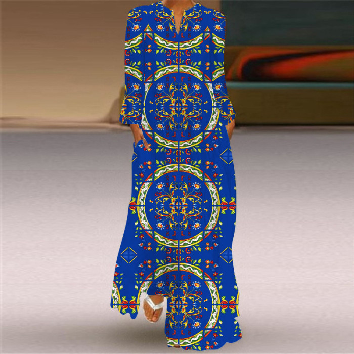 Vintage Print Fashion V Neck Long Sleeve Pocket Party Maxi Dress