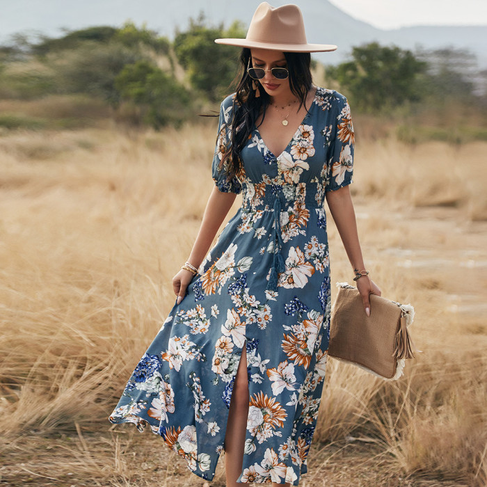 Sexy Floral Print V Neck Button Fitted Fringe Boho Wedding Guest Dresses