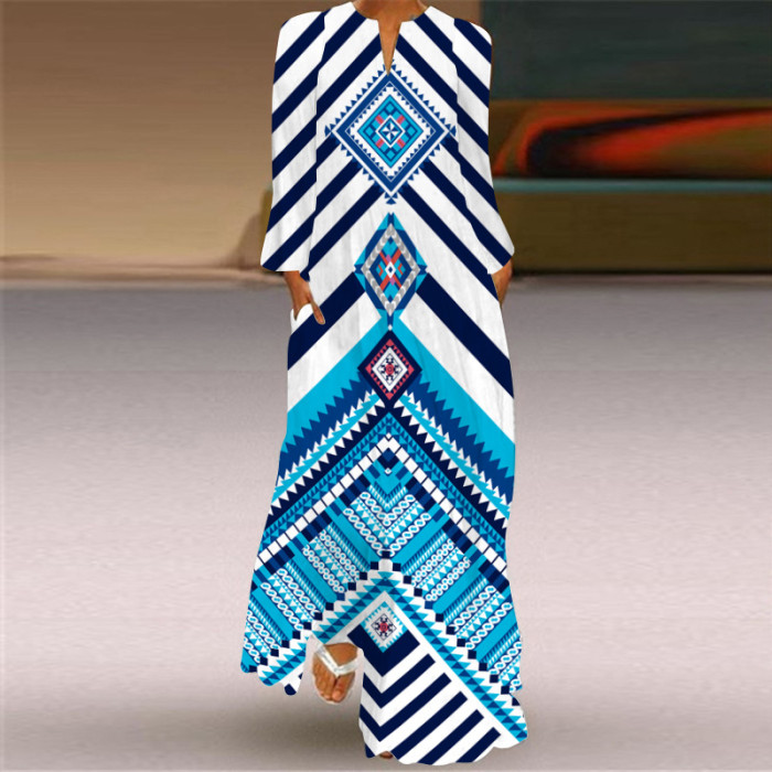 Vintage Print Fashion V Neck Long Sleeve Pocket Party Maxi Dress
