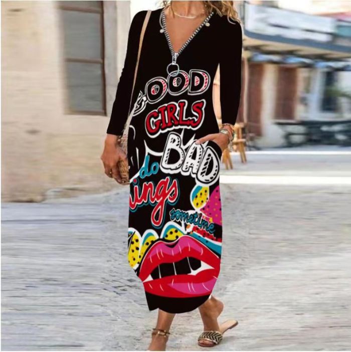 Sexy Boho Print Zipper Long Sleeve Loose Pocke Maxi Dress