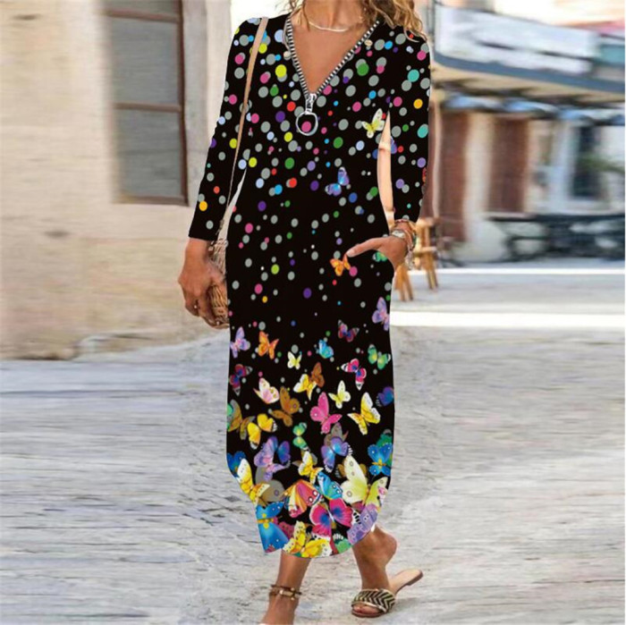 Sexy Boho Print Zipper Long Sleeve Loose Pocke Maxi Dress