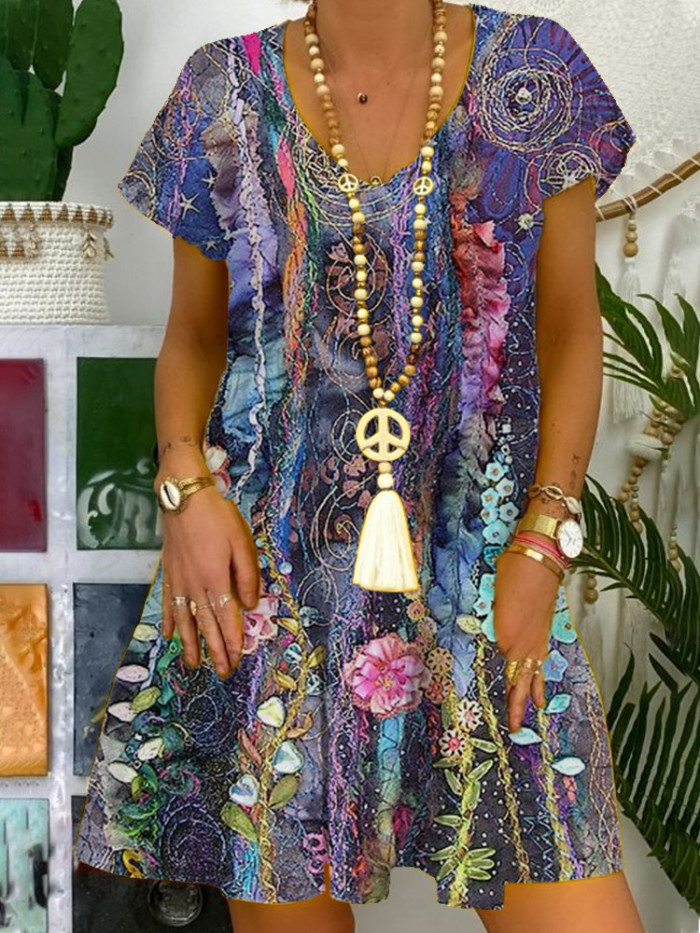 Sexy V Neck Floral Print Bohemian A-Line Loose Casual Dress
