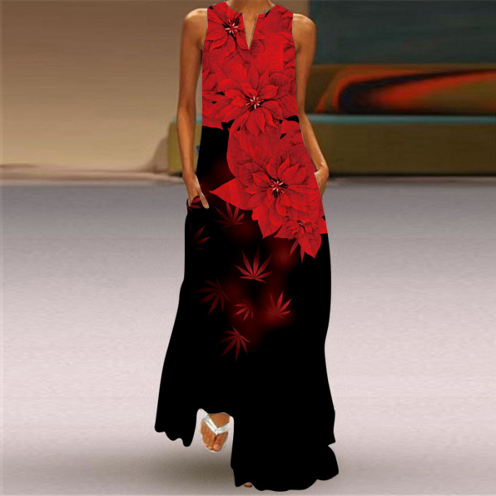 Ladies Casual Printed V Neck Holiday Beach Party Sleeveless A-Line Maxi Dress
