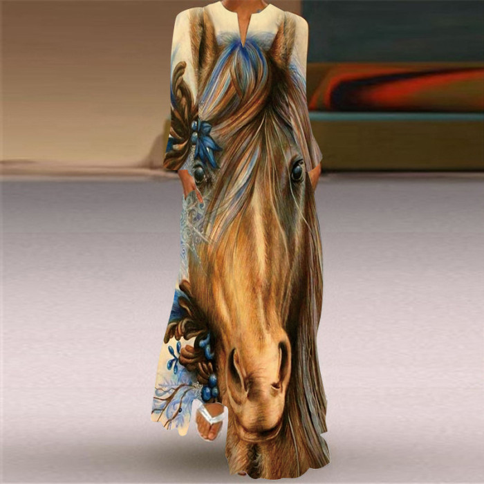 Vintage Print Fashion V Neck Long Sleeve Pocket Party Maxi Dress
