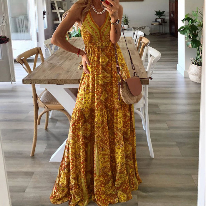 Sexy Women V Neck Party Vintage Print Boho Elegant Fashion Wedding Guest Dresses