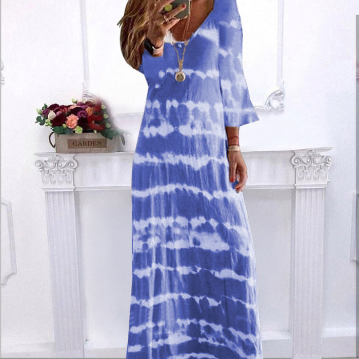 Fashionable V-neck Loose Casual Tie-Dye Printed Stripe  Maxi Dress