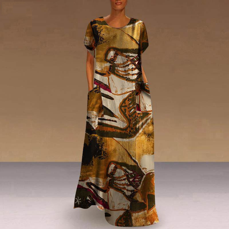 Fashion Elegant O Neck Boho Party Casual Vintage Print Maxi Dress