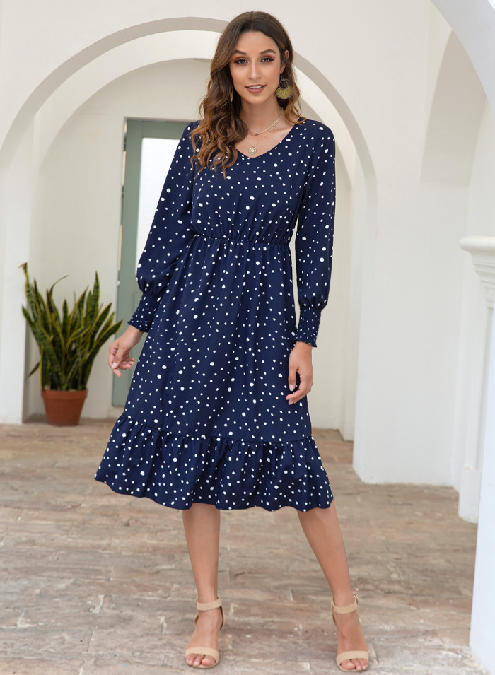 Polka Dot Print Casual V Neck Long Sleeve Fashion Bohemian Wedding Guest Dress