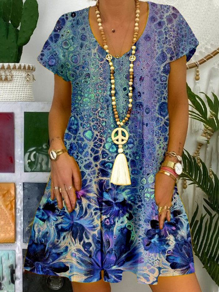 Sexy V Neck Floral Print Bohemian A-Line Loose Casual Dress