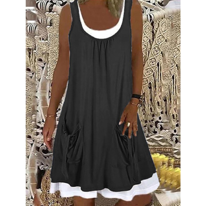 Women's Sleeveless Pocket Solid Color Bohemian Tank Top Casual Loose Dress