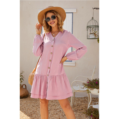 V Neck Button Long Sleeve Solid Color Mini Fashion Loose Casual Dress