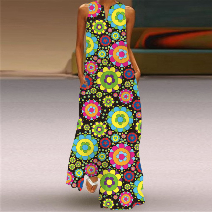 Fashion Long Printed Sleeveless Elegant V Neck Casual Wedding Guest Dresses
