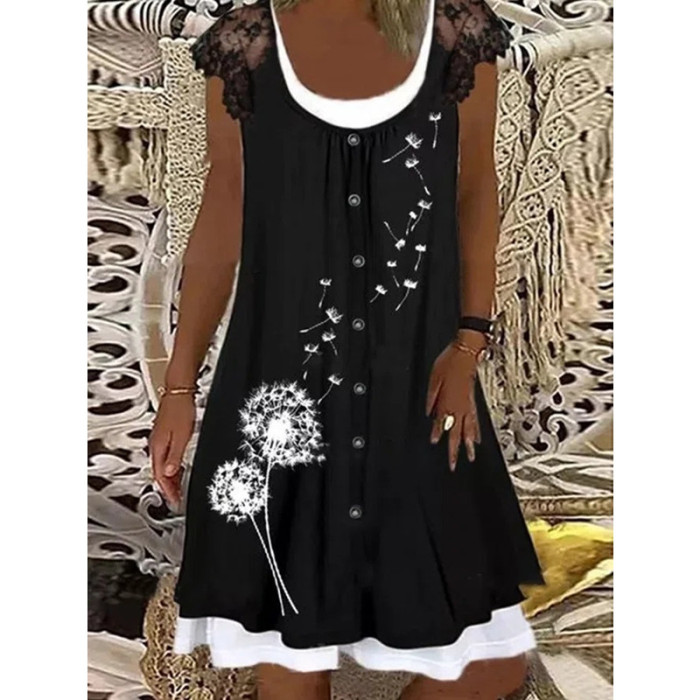 Fashion Sexy Lace Print Sleeveless O Neck Boho Casual Dress