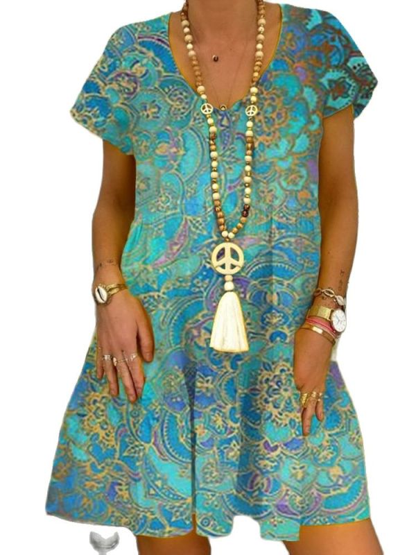 Sexy V Neck Floral Print Bohemian A-Line Loose Casual Dress