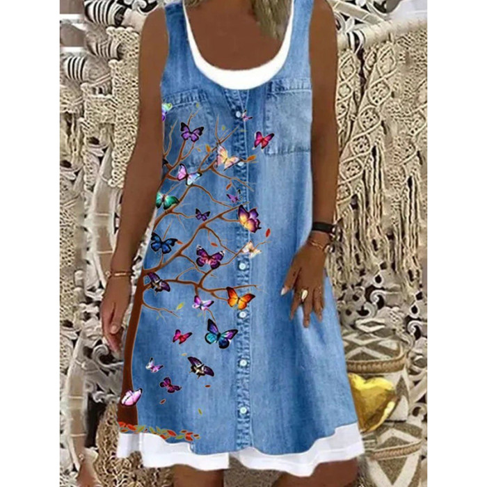 Butterfly Print Sleeveless Fake Two-piece Loose Casual Dress