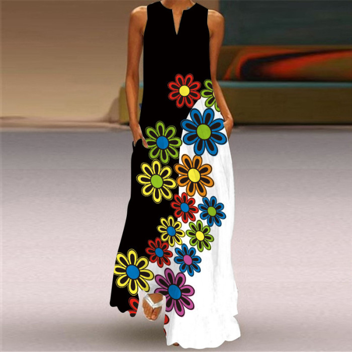 Fashion Long Printed Sleeveless Elegant V Neck Casual Wedding Guest Dresses