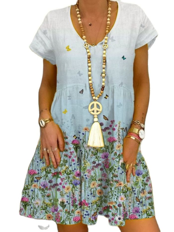 Sexy V Neck Floral Print Bohemian A-Line Loose Casual Dress